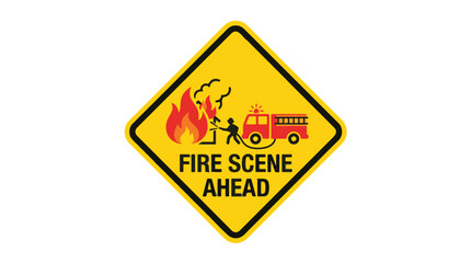 Obraz premium Warning sign indicating a fire scene ahead, featuring a fire truck, flames, and a firefighter.