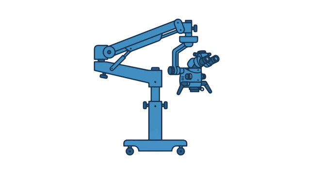 A blue medical microscope with an articulated arm and a wheeled base is shown against a white background.