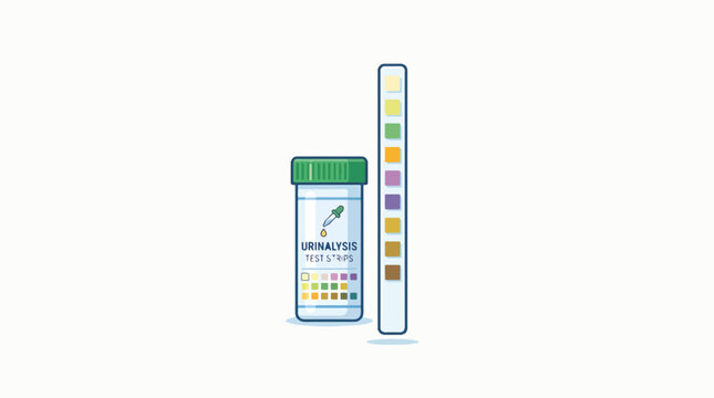 An illustration of a urinalysis test strips container with a green lid and a single urine dipstick showing various colored squares, used for medical diagnostics.