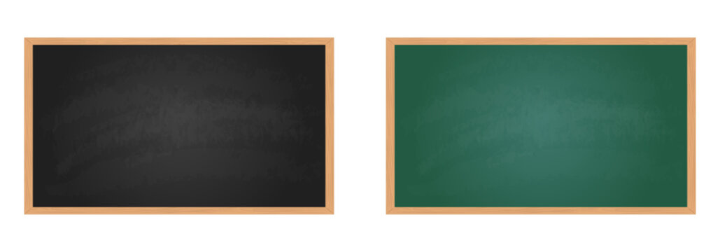 set Realistic black chalkboard with wooden frame isolated on white background. Blank school chalkboard for class or restaurant menu