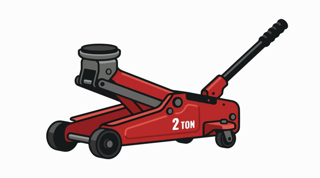 Red 2-ton hydraulic floor jack with wheels and handle, used for lifting vehicles.