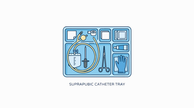 A stylized, top-down illustration of a suprapubic catheter tray, featuring medical instruments, a collection bag, and gloves, arranged in compartments on a blue tray.