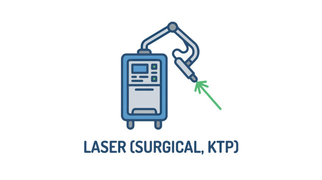 Illustration of a KTP surgical laser machine with a green laser beam emitting from the handpiece.