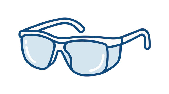 A pair of simple, cartoon-style safety glasses with blue frames and light blue lenses, offering protection from particles.