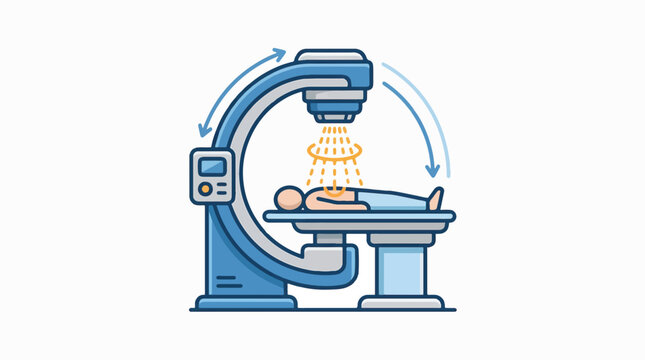 Cartoon illustration of a linear accelerator machine treating a patient lying on a table. The machine's arm rotates around the patient.