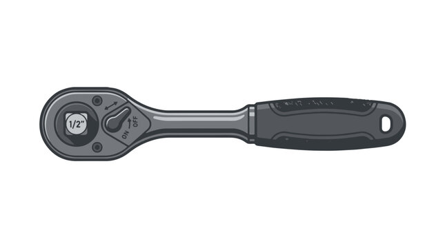 A chrome-plated ratchet wrench with a black rubber handle and a directional switch for tightening or loosening.