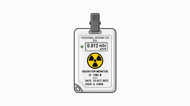 A personal dosimeter badge displays a radiation reading of 0.012 mSv, indicating low exposure. It's clipped and has user information.