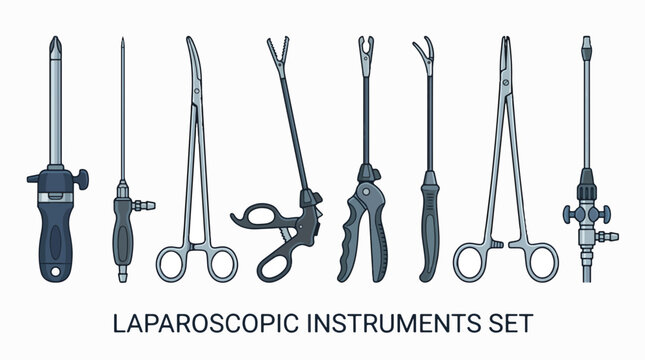A collection of surgical instruments, including forceps, scissors, a trocar, and other tools, displayed against a white background.