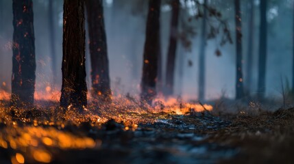 Prescribed burn in pine forest at dawn for environmental conservation background land management ecological restoration banner