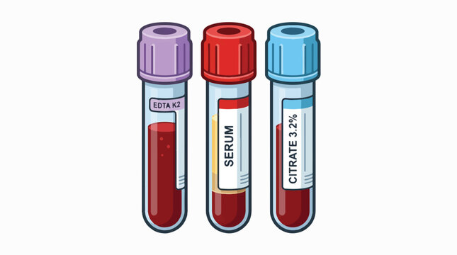 Three blood collection tubes, each with a different colored cap and label indicating its contents: EDTA, serum, and citrate.