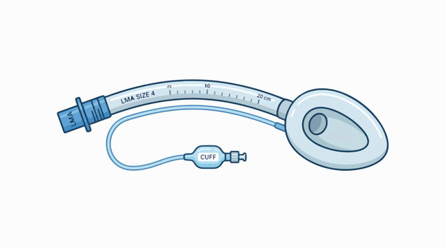 An illustration of a Laryngeal Mask Airway (LMA) medical device, featuring a curved tube, an inflatable elliptical cuff, and an inflation line with a pilot balloon valve. It's labeled 'LMA S