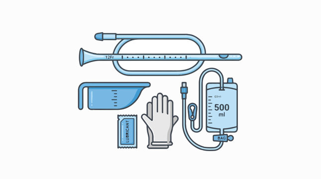 Medical illustration of a catheterization kit, including a catheter, measuring cup, lubricant, glove, and drainage bag.