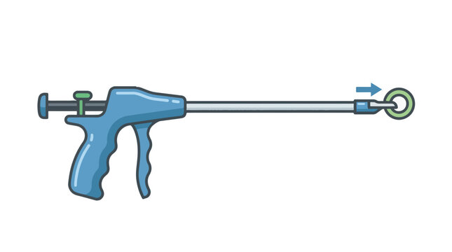 A cartoon illustration of a surgical stapler, a medical instrument with a pistol-like grip and a long shaft ending in a loop, indicating a stapling action.