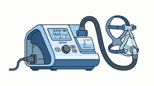 A BiPAP machine with a mask and tubing, indicating a respiratory therapy device for sleep apnea or other breathing disorders.