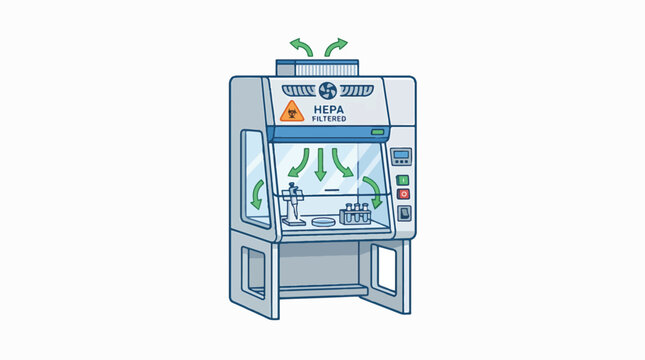 Illustration of a biosafety cabinet with HEPA filtration, showing airflow patterns for laboratory safety.