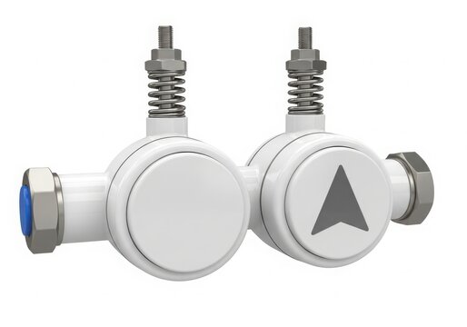 A white valve with two knobs and a triangle on one knob