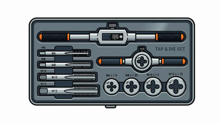 Fototapeta premium An illustrated tap and die set in an open gray case, featuring various taps, dies, a tap wrench, and a die stock for thread cutting.