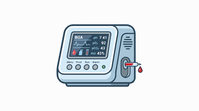 A cartoon style illustration of a blood gas analyzer (BGA) machine displaying patient blood parameters like pH, pO2, pCO2, and Hct. A blood sample is being drawn into the device.