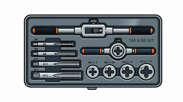 An illustrated tap and die set in an open gray case, featuring various taps, dies, a tap wrench, and a die stock for thread cutting.