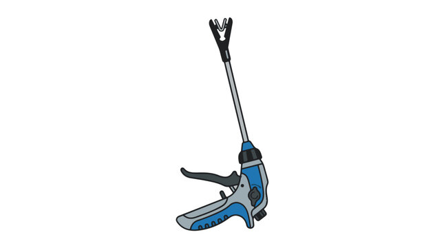 An illustration of a blue and grey laparoscopic surgical instrument, featuring a long shaft, trigger handle, and a multi-pronged grasping or clip-applying tip on a white background.