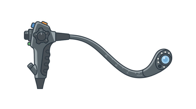 An illustration of a medical endoscope device, featuring a handle with controls and a long flexible tube with a camera lens at its curved tip, set against a white background.