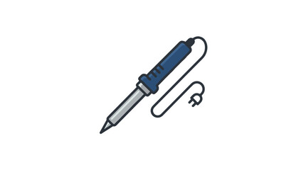 Fototapeta premium Cartoon-style icon of a soldering iron with a blue handle, grey tip, and an electrical cord. Used for electronic work and joining components.
