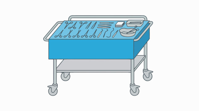 A sterile medical instrument trolley with a blue cover, displaying an organized array of various surgical tools including scissors, forceps, scalpels, and bowls.