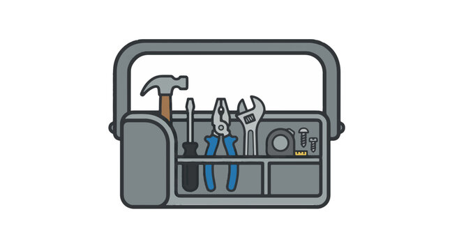 An illustration of an open gray toolbox, neatly organized with essential hand tools including a hammer, screwdriver, pliers, wrench, and tape measure.