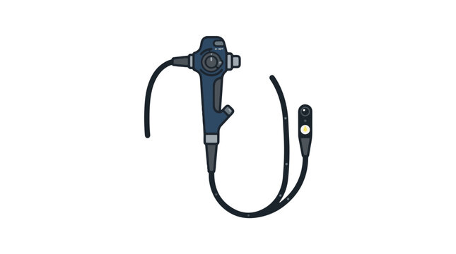 A vector illustration of a medical endoscope, featuring its control handle and long, flexible probe. Used for internal bodily examinations and diagnostics.