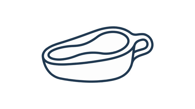 Simple dark blue line art icon of a bedpan, a medical device for urination and defecation for bedridden patients. It has an oval shape and a handle.