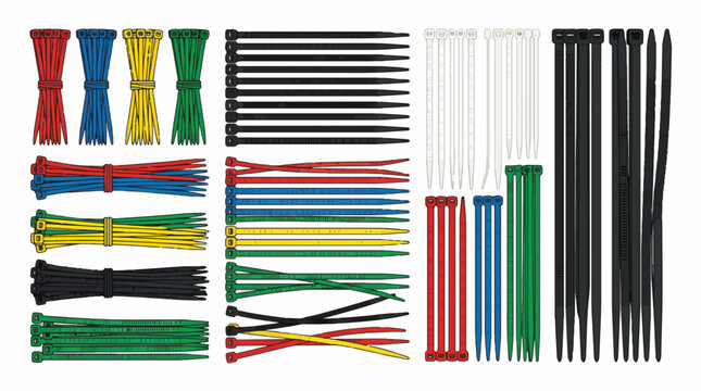 Collection of multicolored plastic cable ties (zip ties) in various sizes and quantities, bundled and loose, against a white background.