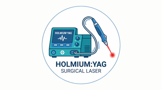 An illustration of a Holmium:YAG surgical laser device and handpiece emitting a red laser beam, labeled 'HOLMIUM:YAG SURGICAL LASER' within a blue circle.