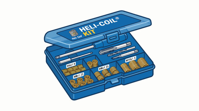 A blue HELI-COIL thread repair kit is open, displaying various threaded inserts (M6, M8, M10), a tap, drill bit, and installation tools organized in compartments.