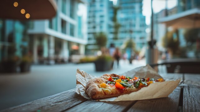 A pizza slice with colorful toppings as the main subject resting on paper wrap on an outdoor table beside modern city architecture and subtle street activity behind, soft daylight illuminating the sli