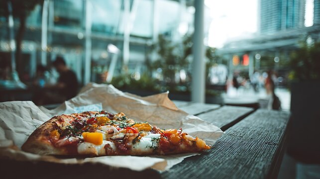A pizza slice with colorful toppings as the main subject resting on paper wrap on an outdoor table beside modern city architecture and subtle street activity behind, soft daylight illuminating the sli
