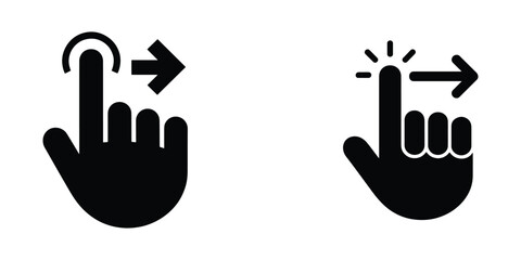 Obraz premium Set of two black icons showing a hand with a finger swiping right, indicating digital interaction and navigation.