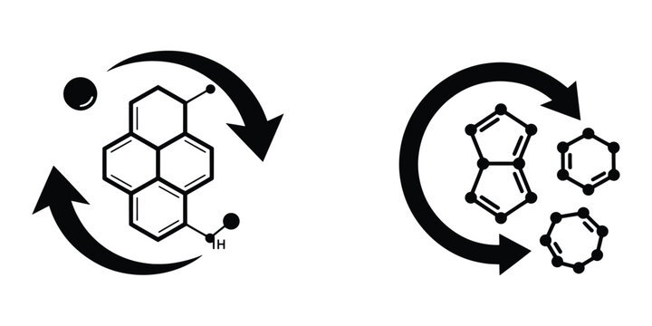 Icons illustrating molecular transformations with circular arrows, showcasing chemical reactions and scientific research concepts.
