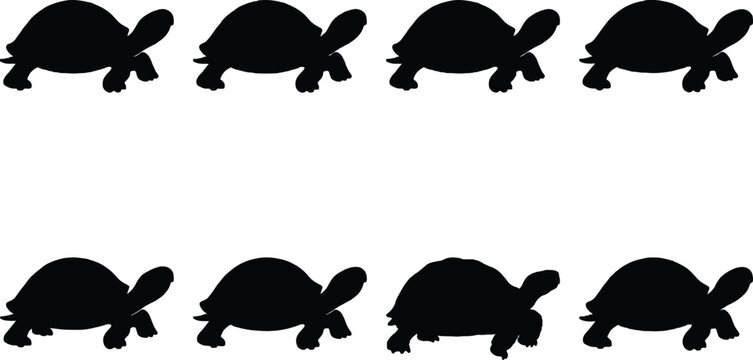Eight identical black silhouettes of a tortoise walk side-by-side on a white background, representing slow and steady progress.