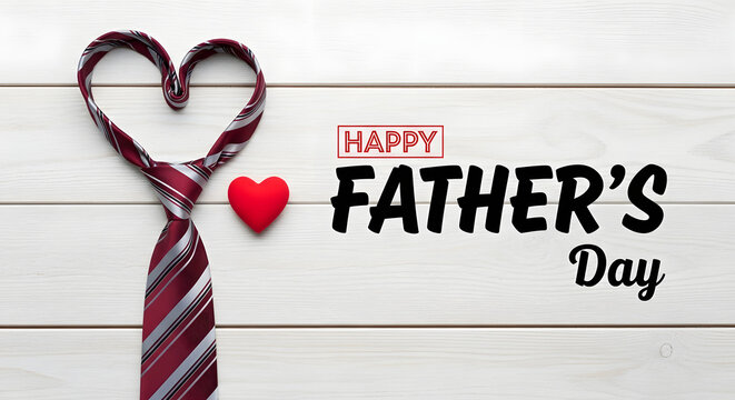 A creative Father's Day card with a red heart and striped tie on a white wooden background