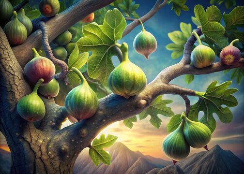 Heres a generated output based on the input concept  Luscious figs ripen to perfection on the gnarled branches of a majestic ancient tree