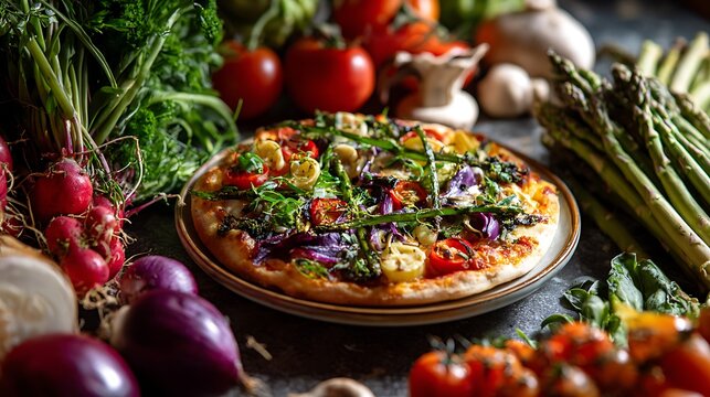 A vegetable pizza with vibrant toppings as the main subject displayed on a ceramic plate surrounded by raw ingredients including herbs, tomatoes and vegetables placed naturally around the surface, bri