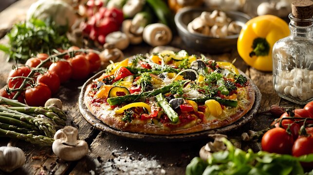 A vegetable pizza with vibrant toppings as the main subject displayed on a ceramic plate surrounded by raw ingredients including herbs, tomatoes and vegetables placed naturally around the surface, bri