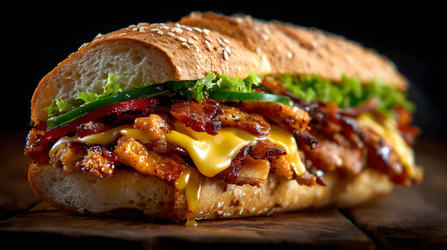 Argentine Bondiola Pork Sandwich with Melted Cheese, Crispy Bacon, Lettuce and Tomato on Rustic Bread, Close-Up Gourmet Street Food