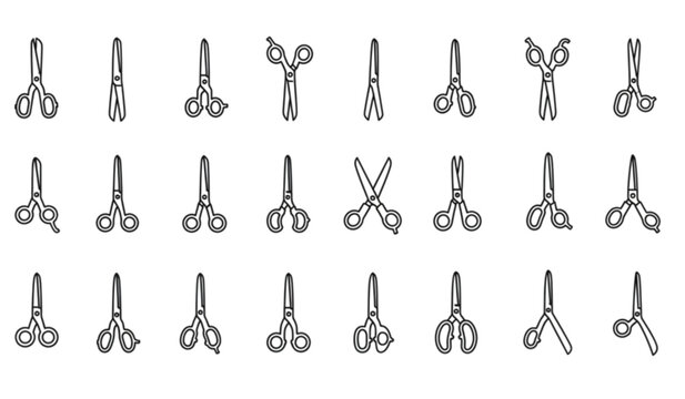 Large collection of scissors outline icons showing various styles and cutting tools for design projects