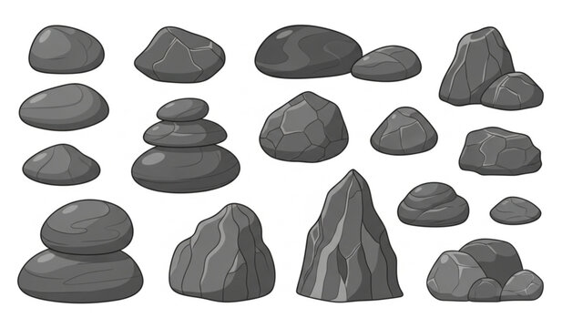 Collection of various grey stone shapes and rock formations including stacked pebbles for nature design