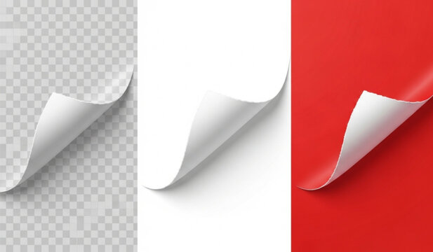Blank white and red paper page corners curled with shadow effect for document branding and website design templates