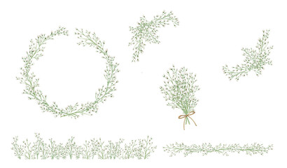 Watercolor Baby's Breath Floral Bundle Set: Elegant Collection of Wreath, Bouquet, Borders-300dpi- © URU