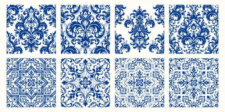 Collection of 10 flower Azulejo tiles. Seamless colorful patterns in azulejo style. Floor tile oriental collection seamless textures. Portugal spanish ceramics. Vector