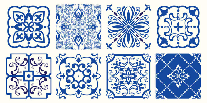 Collection of 8 flower Azulejo tiles. Seamless colorful patterns in azulejo style. Floor tile oriental collection seamless textures. Portugal spanish ceramics. Vector