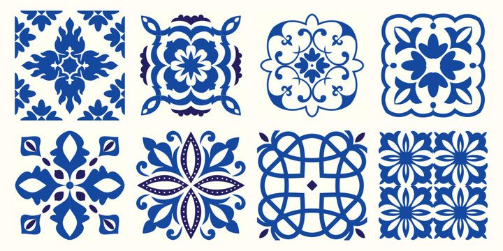 Collection of 10 flower Azulejo tiles. Seamless colorful patterns in azulejo style. Floor tile oriental collection seamless textures. Portugal spanish ceramics. Vector